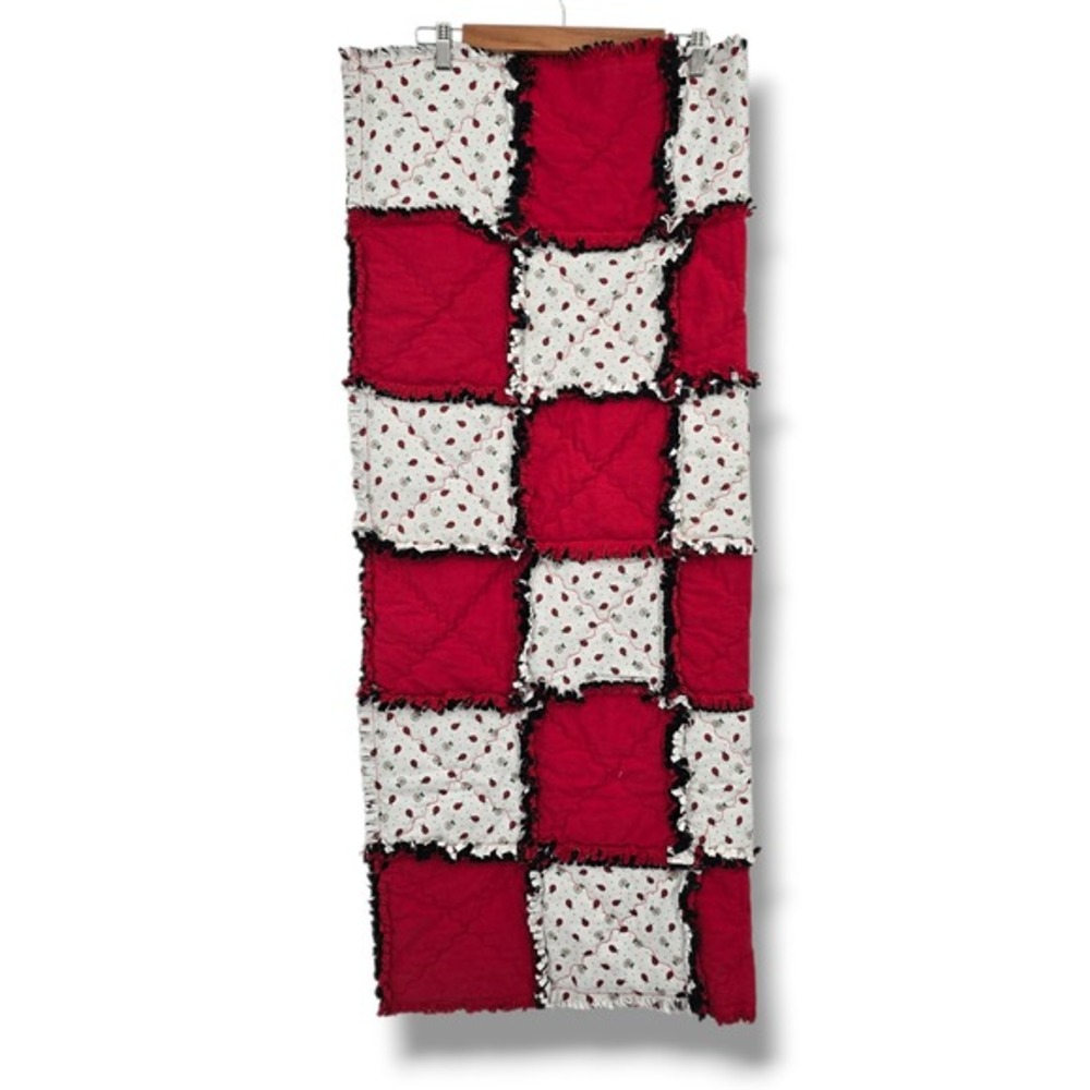 Handmade Ladybug Floral Rag Quilt Red Black Corduroy Backing‎ Patchwork Throw